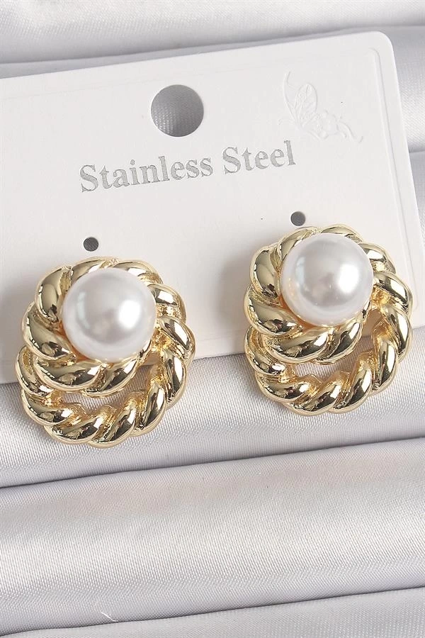 Pirinç Gold Renk İncili Sarmal Burgu Model Kadın Küpe