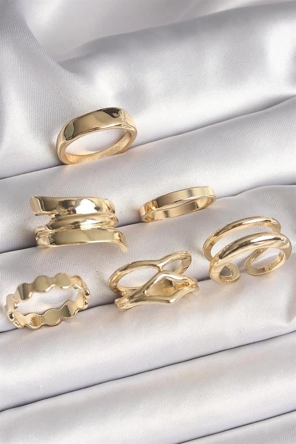 Pirinç Gold Renk İşlemeli Plaka Model 6Lı Kadın Yüzük Seti