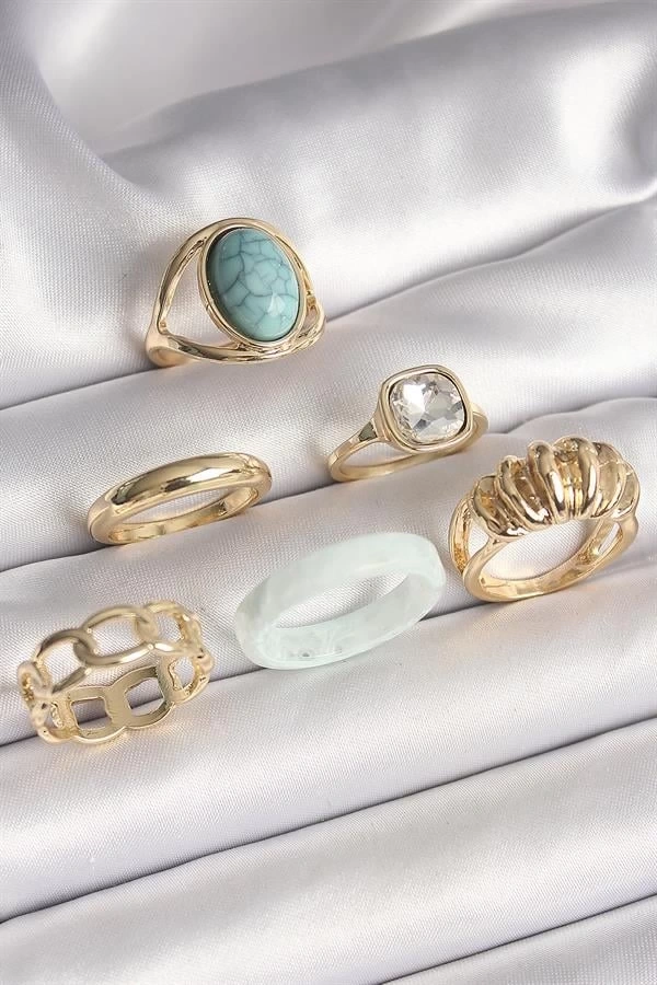 Pirinç Gold Renk Kare Zirkon Taşlı Sarmal Model Mavi Taş Detay 6Lı Kadın Yüzük Seti