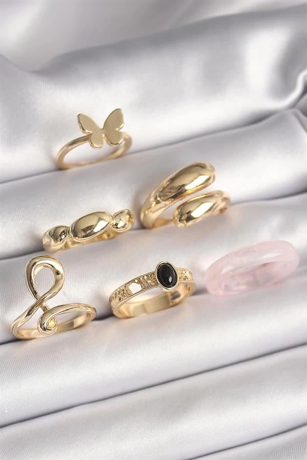 Pirinç Gold Renk Kelebek Figür Sarmal Model 6Lı Kadın Yüzük Seti