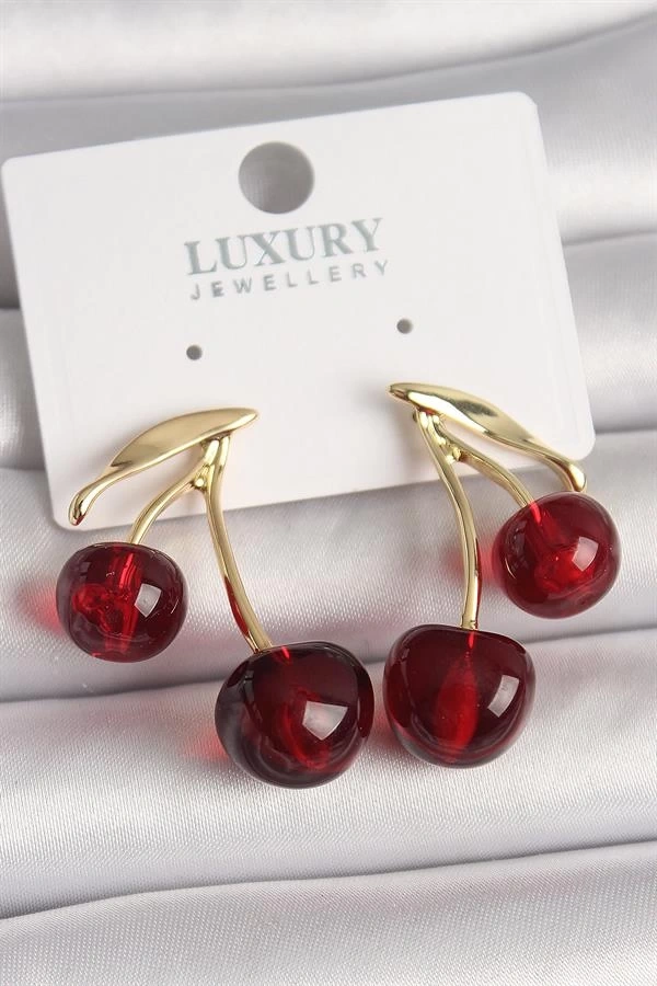 Pirinç Gold Renk Kırmızı Kiraz Model Kadın Küpe