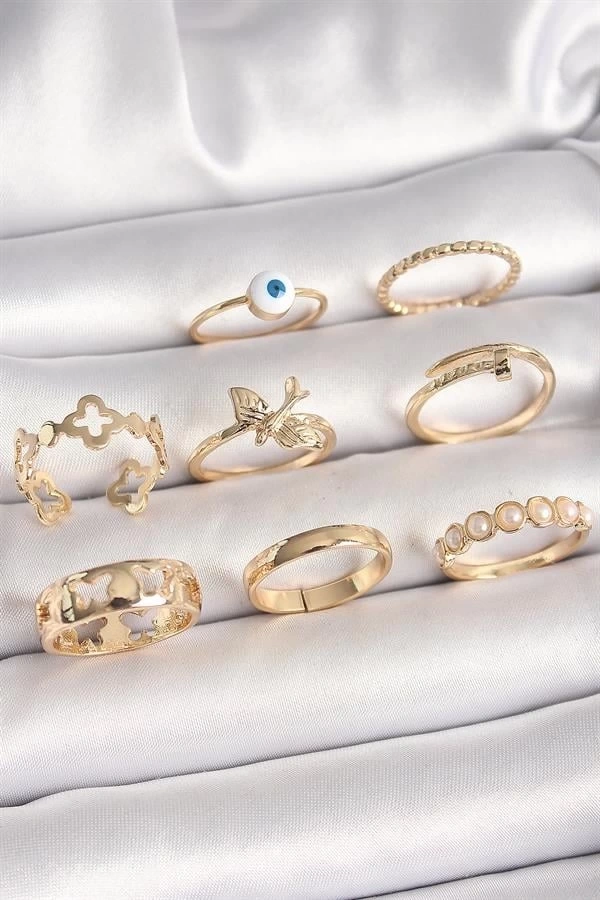 Pirinç Gold Renk Nazar Boncuk Model Kuş Detay Kadın Yüzük Kombini