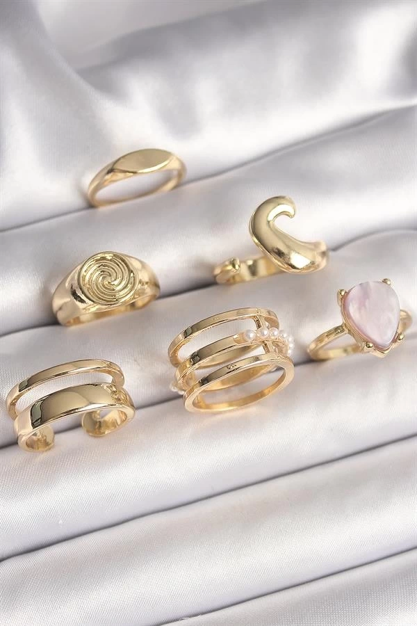Pirinç Gold Renk Pembe Damla Mineli Sarmal İşleme Detaylı 6Lı Kadın Yüzük Seti