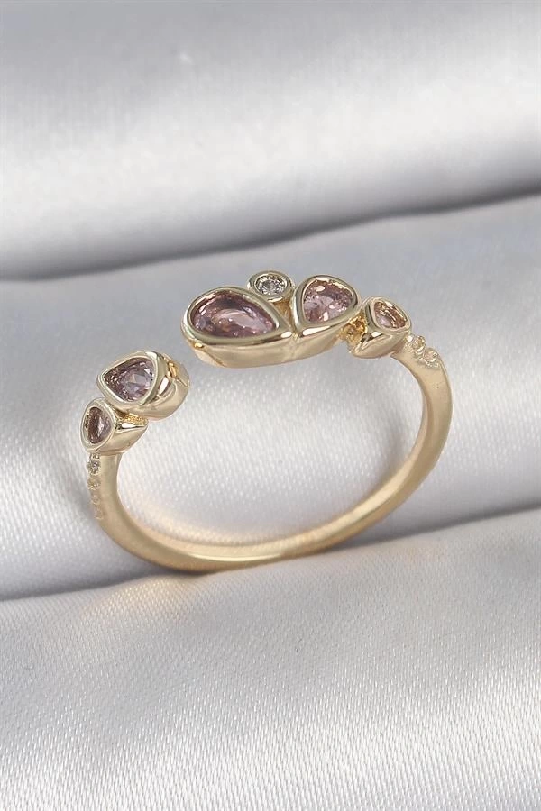 Pirinç Gold Renk Pembe Damla Zirkon Taşlı Ayarlanabilir Kadın Yüzük
