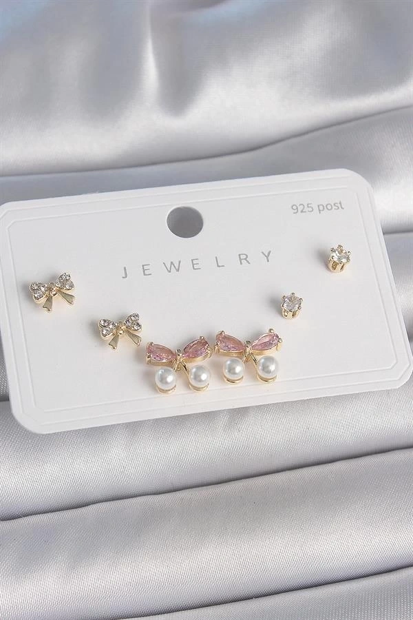 Pirinç Gold Renk Pembe Zirkon Taşlı Fiyonk Model İnci Detay 925 Ayar Gümüş Çivi Kadın Küpe Seti