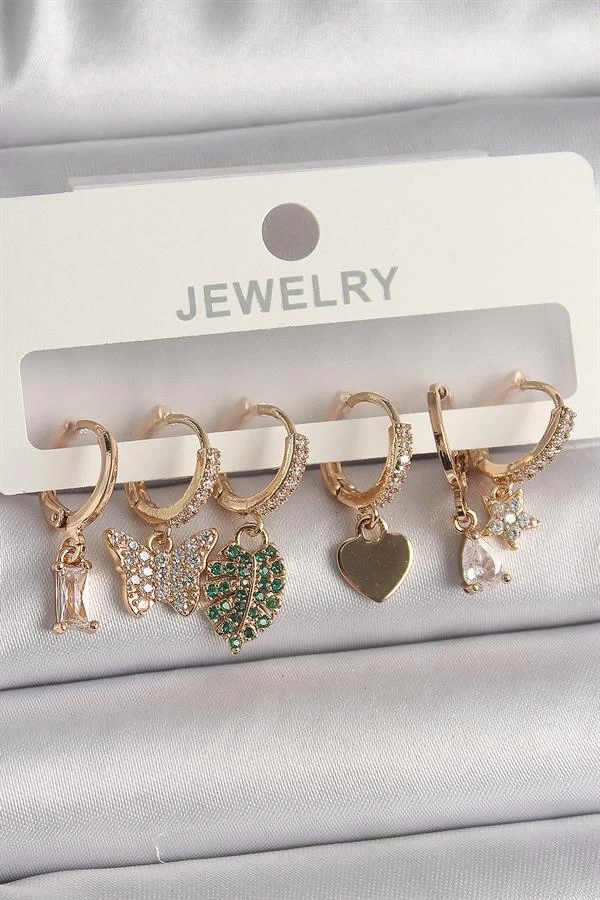 Pirinç Gold Renk Renkli Kelebek Figür Çoklu Figür Kadın Küpe Seti