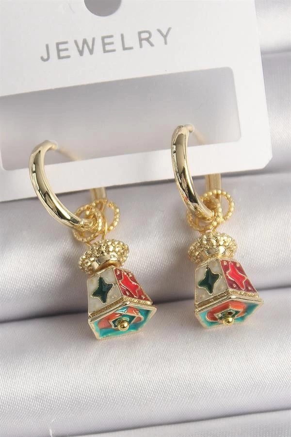 Pirinç Gold Renk Renkli Vintage Çin Emaye Model Kadın Küpe