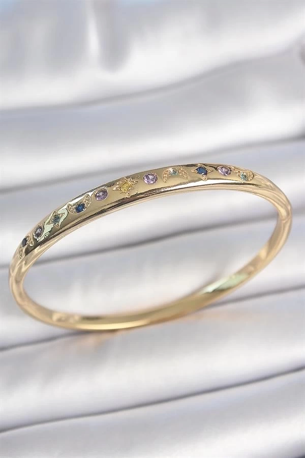 Pirinç Gold Renk Renkli Zirkon Taşlı Hilal Yıldız İşlemeli Kadın Kelepçe