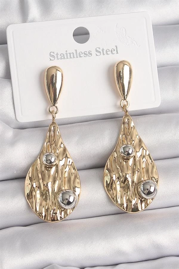 Pirinç Gold Renk Sallantı Damla Model Gümüş Top Detay Kadın Küpe