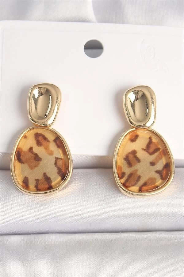 Pirinç Gold Renk Sallantı Leopar Desen Kare Model Kadın Küpe