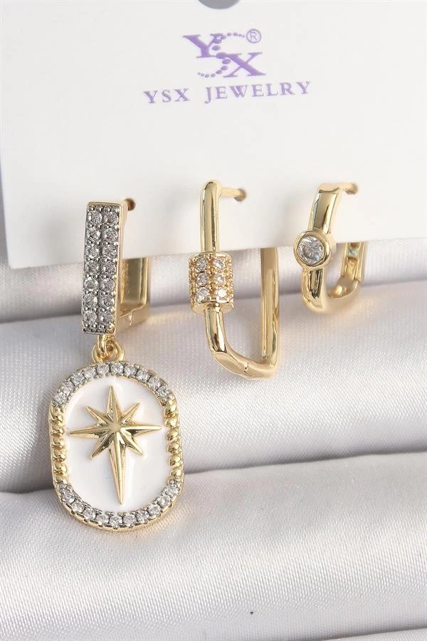 Pirinç Gold Renk Sallantı Zirkon Taş İşlmeli Yıldız Portre Model 3Lü Kadın Kombin Küpe