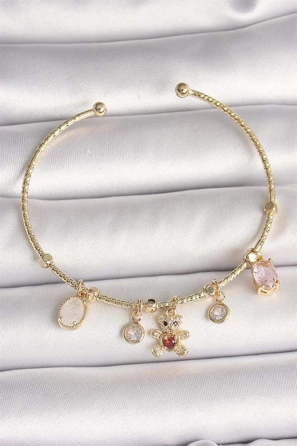 Pirinç Gold Renk Sallantı Zirkon Taşlı Ayıcık Figür Kırmızı Kalp Detay Charm Kadın Bileklik