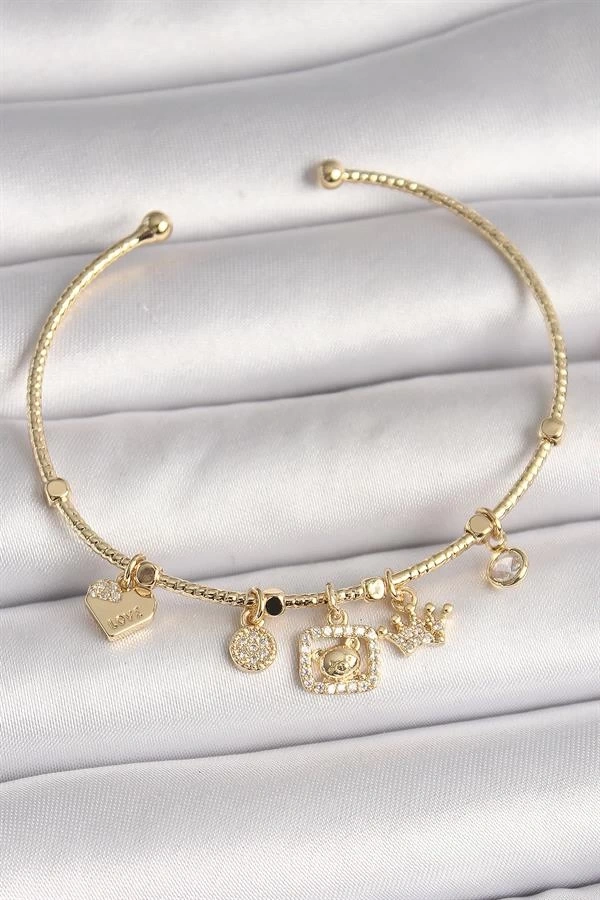Pirinç Gold Renk Sallantı Zirkon Taşlı Ayıcık Figür Taç Detay Charm Kadın Bileklik