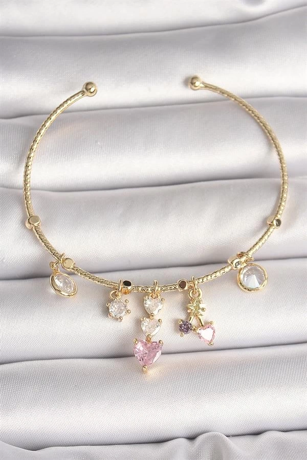 Pirinç Gold Renk Sallantı Zirkon Taşlı Kalp Figür Pembe Kalp Detay Charm Kadın Bileklik