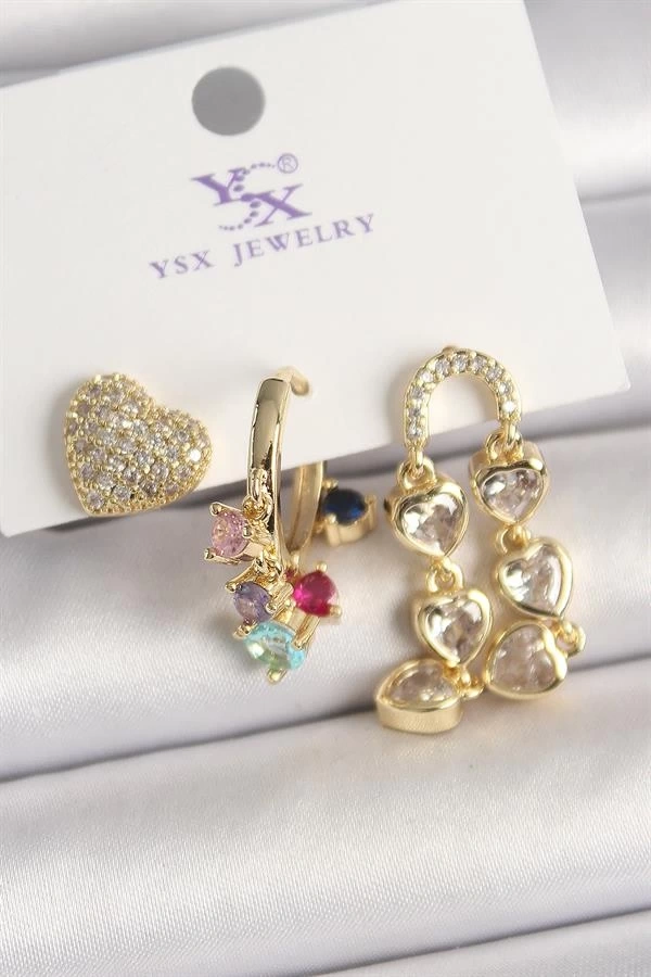 Pirinç Gold Renk Sallantı Zirkon Taşlı Kalp Model 3Lü Kadın Kombin Küpe