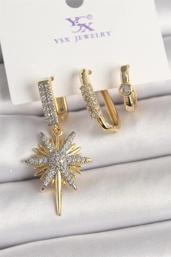 Pirinç Gold Renk Sallantı Zirkon Taşlı Kutup Yıldız Model 3Lü Kadın Kombin Küpe
