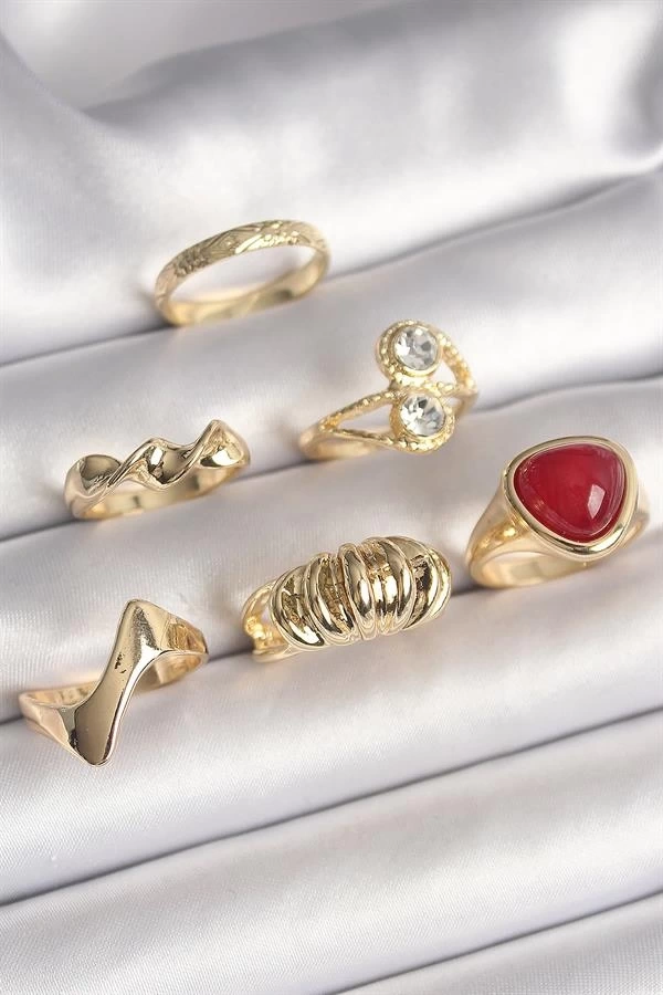 Pirinç Gold Renk Sarmal Modl Zirkon Taşlı Sarmal Detay 6Lı Kadın Yüzük Seti