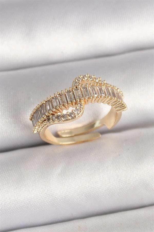 Pirinç Gold Renk Su Yolu Zirkon Taşlı Ayarlanabilir Model Kadın Yüzük