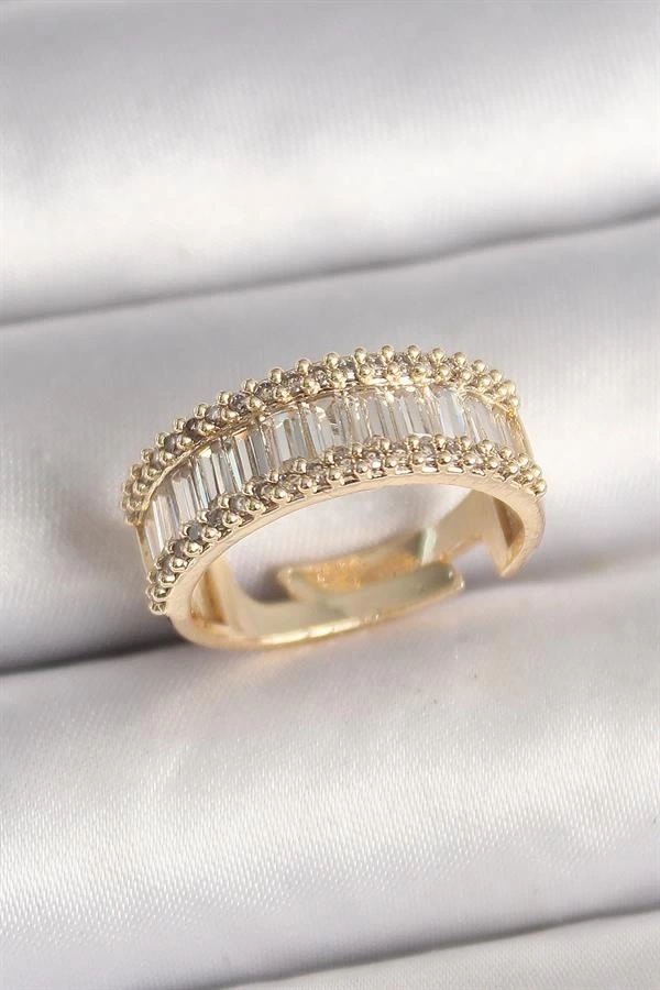 Pirinç Gold Renk Su Yolu Zirkon Taşlı Ayarlanabilir Model Kadın Yüzük