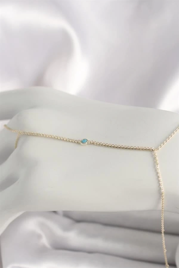 Pirinç Gold Renk Su Yolu Zirkon Taşlı Mavi Taş Detaylı Kadın Şahmeran