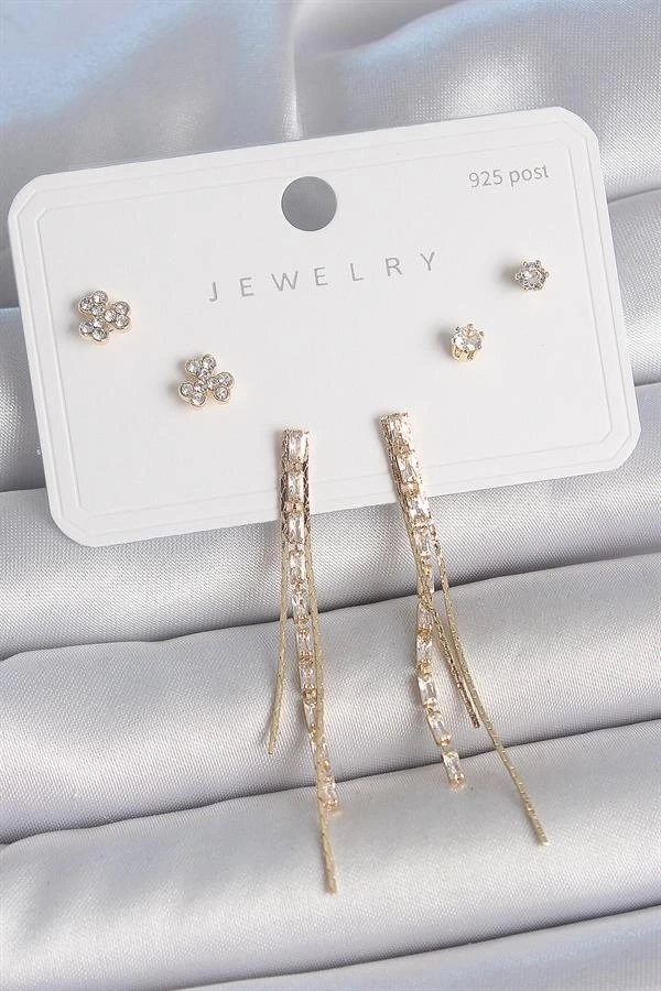 Pirinç Gold Renk Su Yolu Zirkon Taşlı Sallantı Model Çiçek Detay 925 Ayar Gümüş Çivi Kadın Küpe Seti