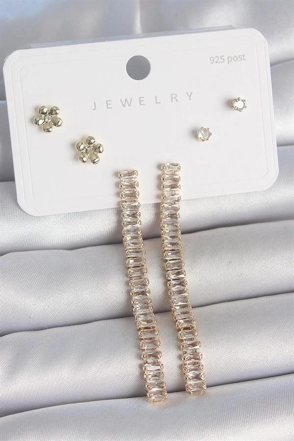 Pirinç Gold Renk Su Yolu Zirkon Taşlı Sallantı Model Çiçek Detay 925 Ayar Gümüş Çivi Kadın Küpe Seti