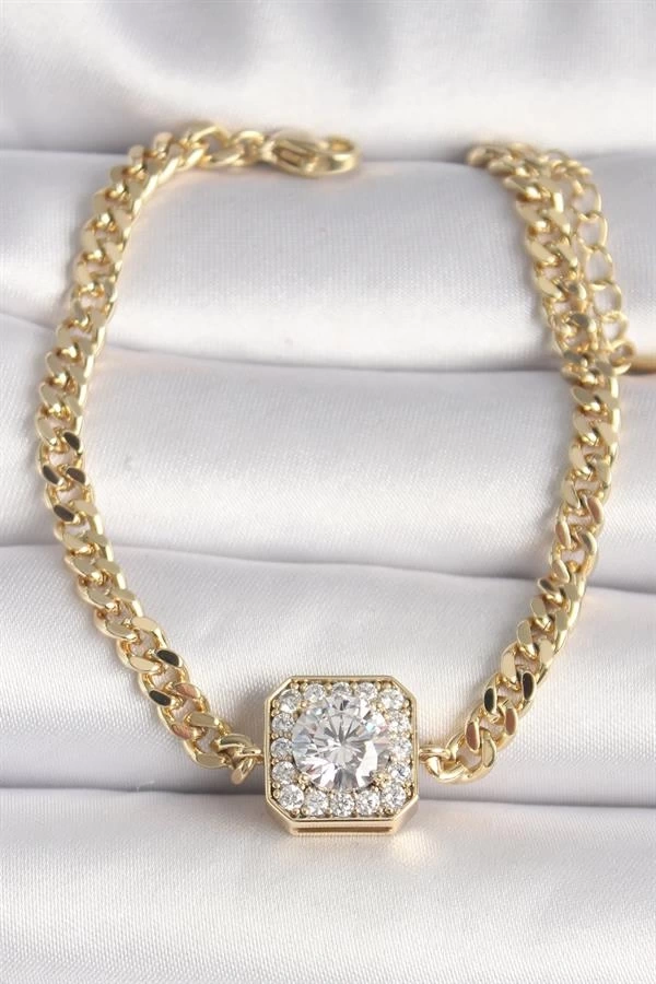 Pirinç Gold Renk Zincir Kare Zirkon Taş Model Xuping VIP Seri Kadın Bileklik