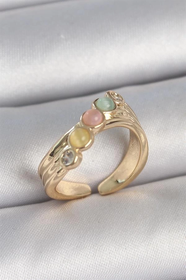 Pirinç Gold Renk Zirkon Taş Detaylı Karışık Mineli Ayarlanabilir Kadın Yüzük