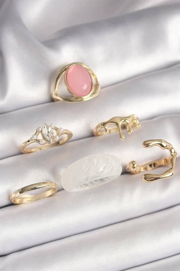 Pirinç Gold Renk Zirkon Taş Detaylı Pembe Mineli 6Lı Kadın Yüzük Seti