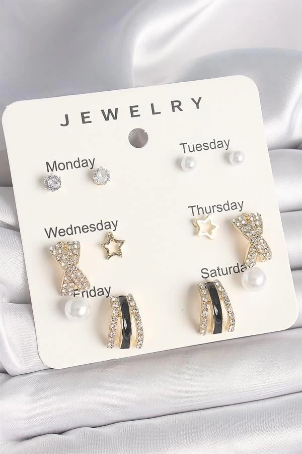 Pirinç Gold Renk Zirkon Taş Yıldız Detaylı İncili 7Li Set Kadın Küpe Seti