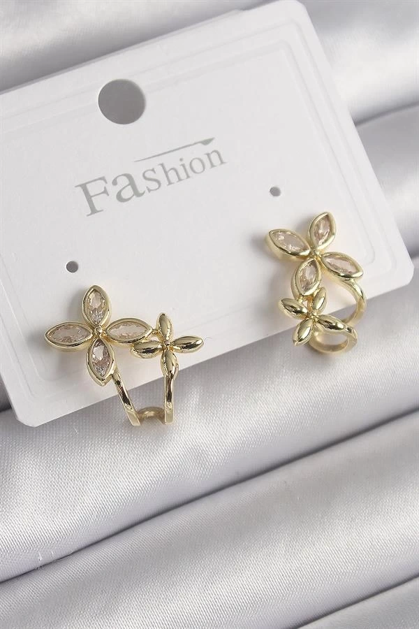Pirinç Gold Renk Zirkon Taşlı 2Li Çiçek Model Kadın Küpe