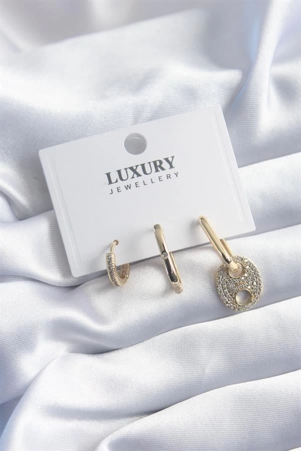 Pirinç Gold Renk Zirkon Taşlı 3lü Kadın Küpe Seti