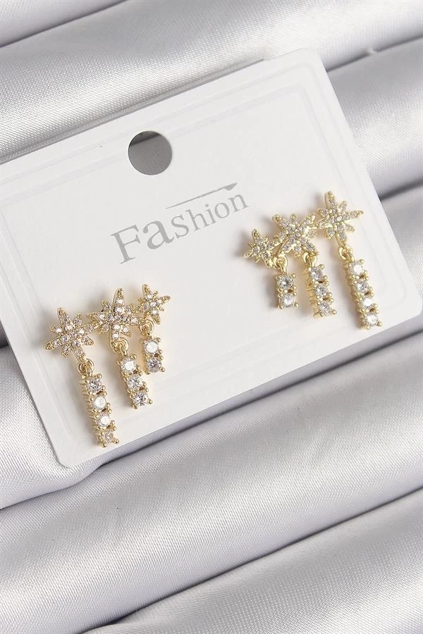 Pirinç Gold Renk Zirkon Taşlı 3Lü Sallantı Yıldız Model Kadın Küpe