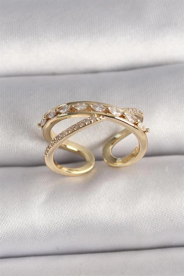 Pirinç Gold Renk Zirkon Taşlı Ayarlanabilir Kadın Yüzük