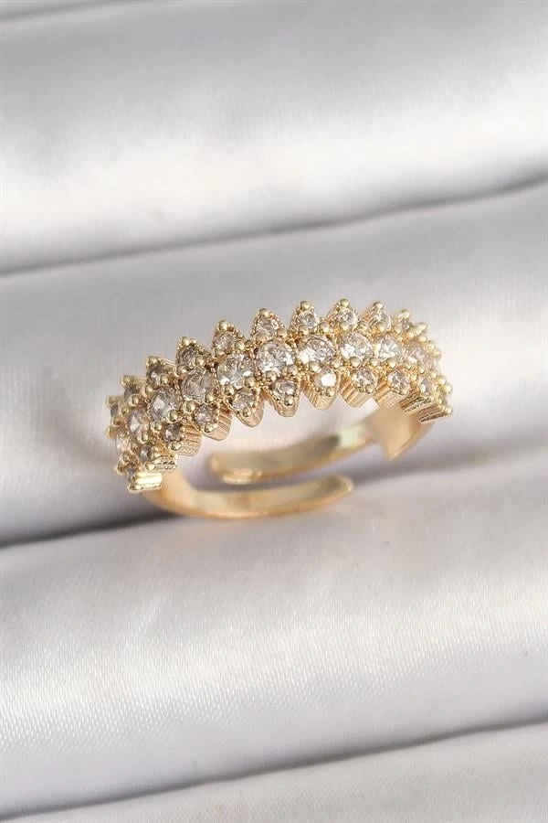 Pirinç Gold Renk Zirkon Taşlı Ayarlanabilir Model Kadın Yüzük