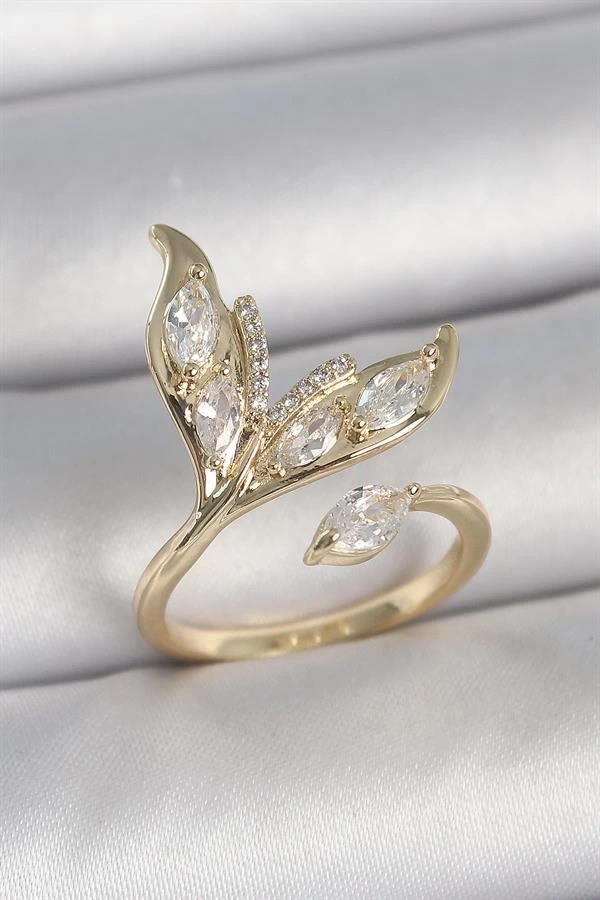 Pirinç Gold Renk Zirkon Taşlı Balık Kuyruğu Model Ayarlanabilir Model Kadın Yüzük