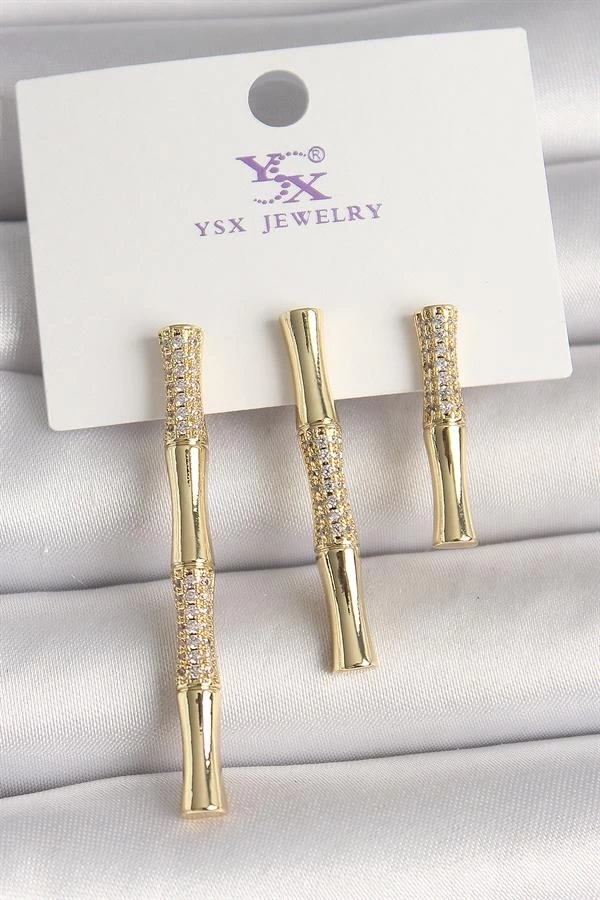 Pirinç Gold Renk Zirkon Taşlı Bambu Model 3Lü Kadın Kombin Küpe