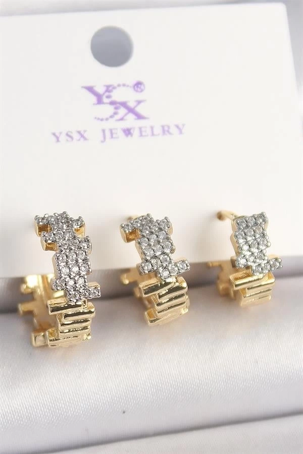 Pirinç Gold Renk Zirkon Taşlı Dorika Model 3Lü Kadın Kombin Küpe