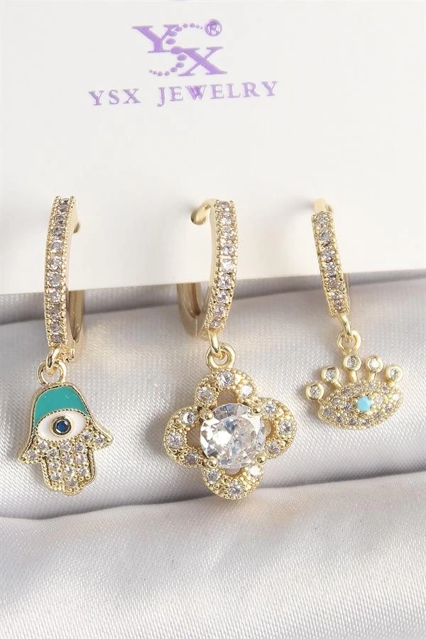 Pirinç Gold Renk Zirkon Taşlı Fatma Ana El Yonca Figür Göz Detay 3Lü Kadın Kombin Küpe