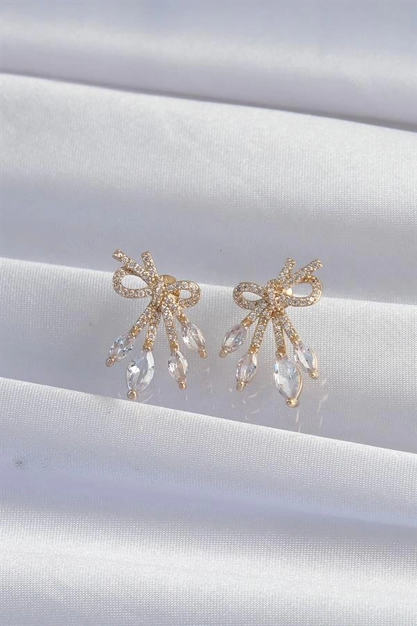 Pirinç Gold Renk Zirkon Taşlı Fiyonk Küpe