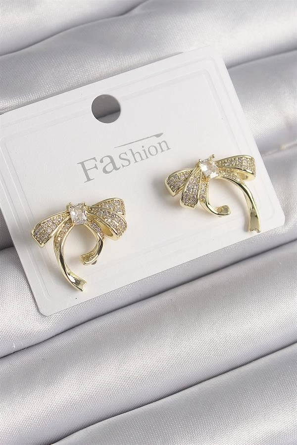Pirinç Gold Renk Zirkon Taşlı Fiyonk Model Kadın Küpe