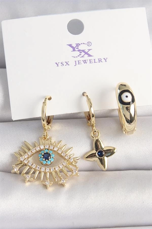 Pirinç Gold Renk Zirkon Taşlı Göz Figür Nazar Boncuk Detay 3Lü Kadın Kombin Küpe