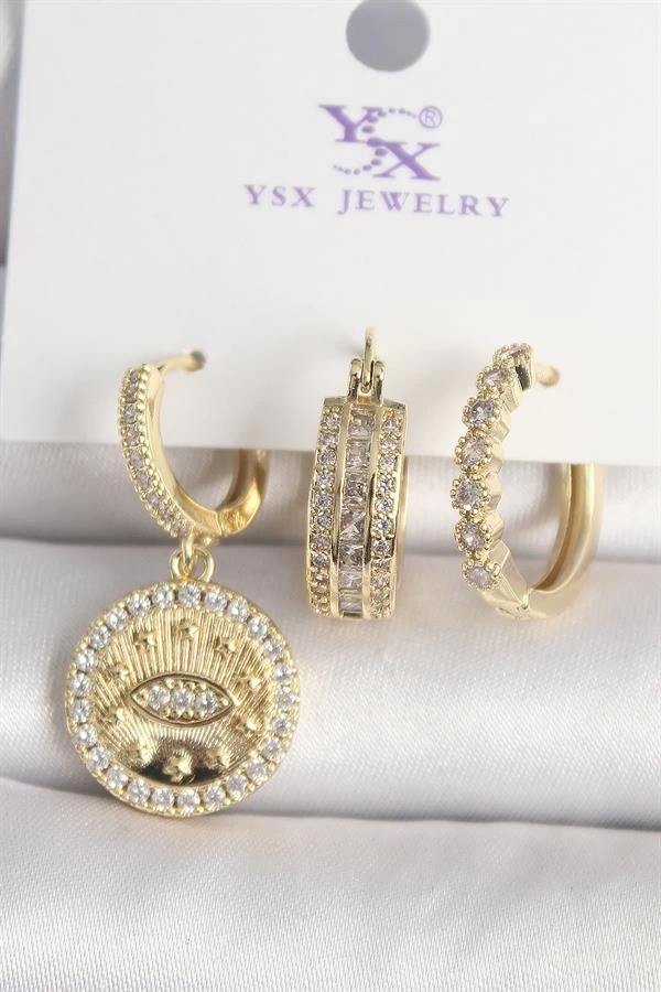 Pirinç Gold Renk Zirkon Taşlı Göz İşlemeli Model  3Lü Kadın Kombin Küpe