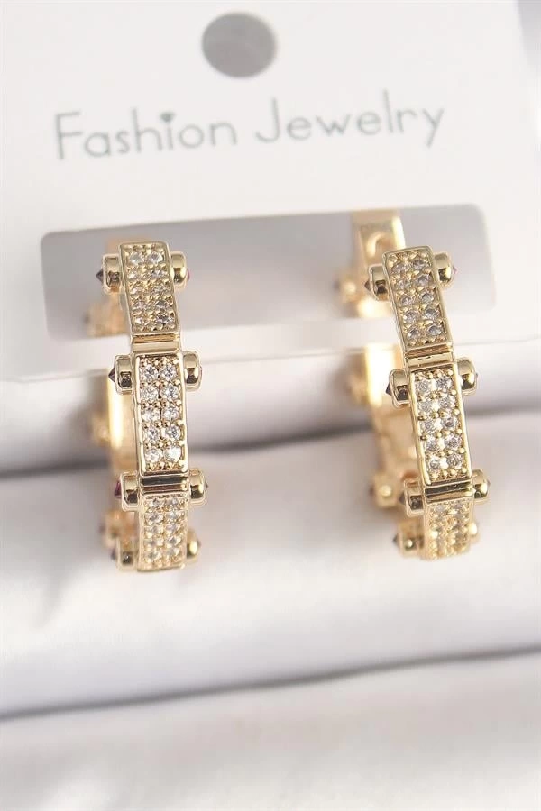 Pirinç Gold Renk Zirkon Taşlı Halka Model Kadın Küpe