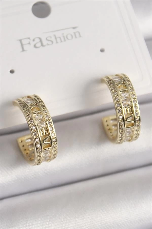Pirinç Gold Renk Zirkon Taşlı İşleme Detay Halka Model Kadın Küpe