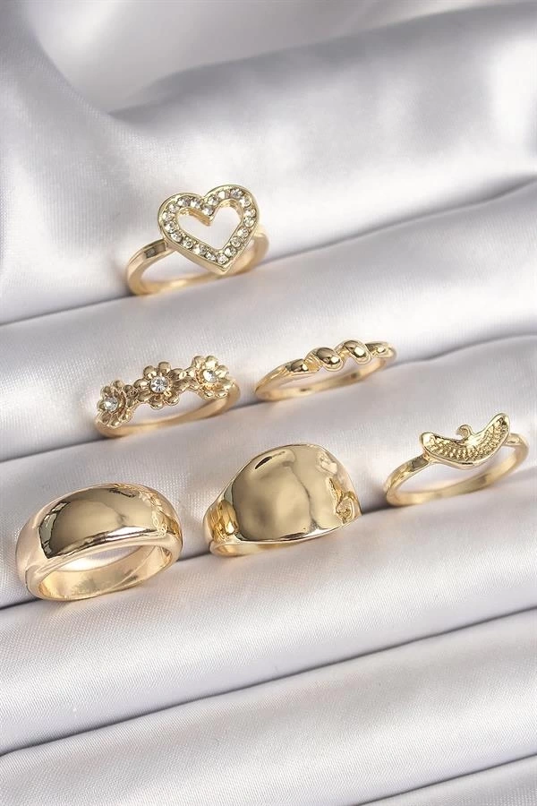 Pirinç Gold Renk Zirkon Taşlı Kalp Figür Kuş Detay 6Lı Kadın Yüzük Seti