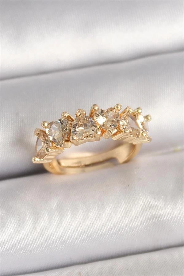 Pirinç Gold Renk Zirkon Taşlı Kalp Model Ayarlanbilir Kadın Yüzük