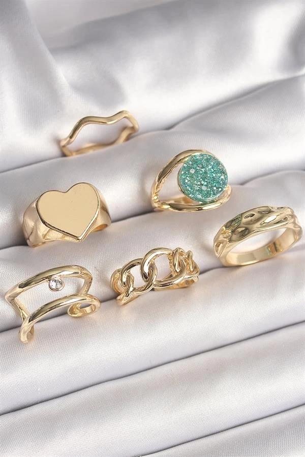 Pirinç Gold Renk Zirkon Taşlı Kalp Plaka Figür Mavi Simli Detay 6Lı Kadın Yüzük Seti