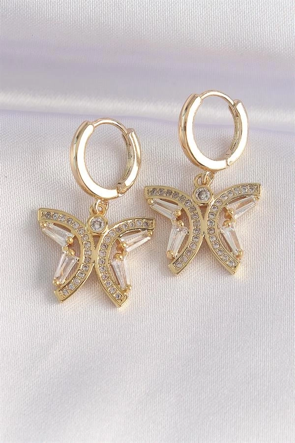 Pirinç Gold Renk Zirkon Taşlı Kelebek Tasarım Küpe