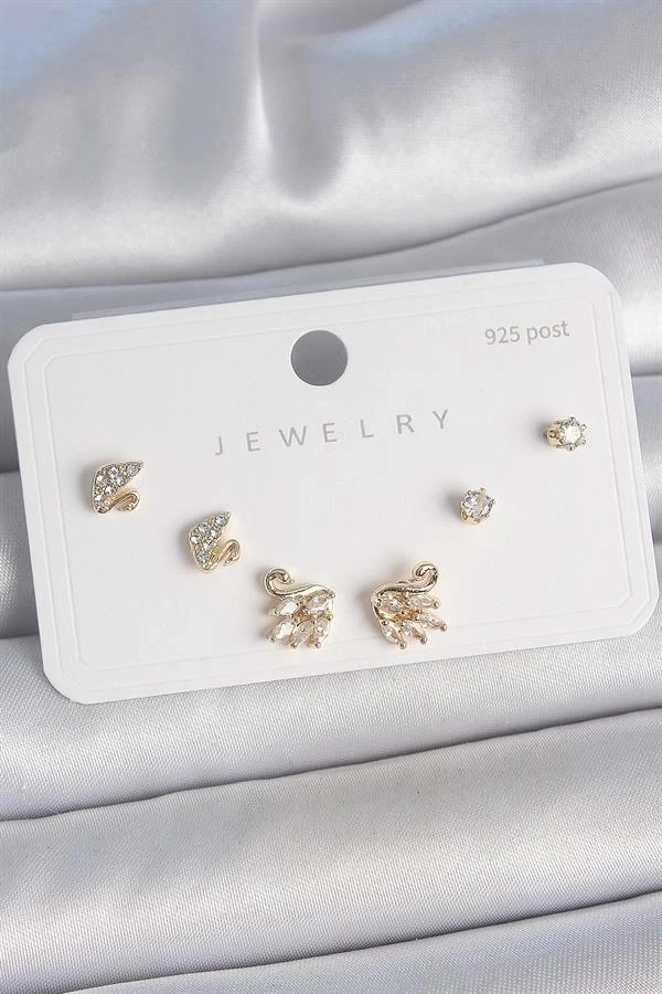 Pirinç Gold Renk Zirkon Taşlı Kuğu Model 925 Ayar Gümüş Çivi Kadın Küpe Seti